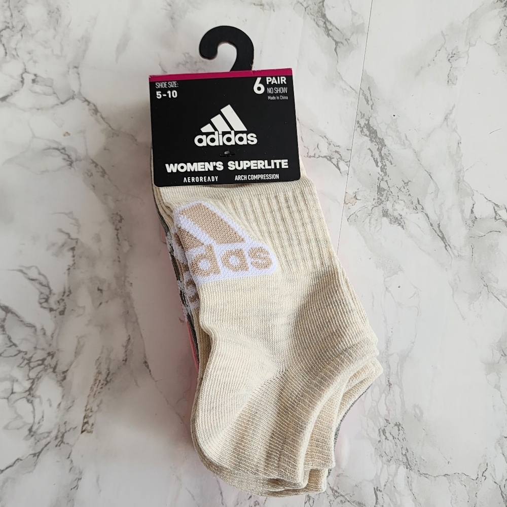 Adidas Superlite No Show Socks, Women's 6 Pair  Size 5-10,  new multi-color